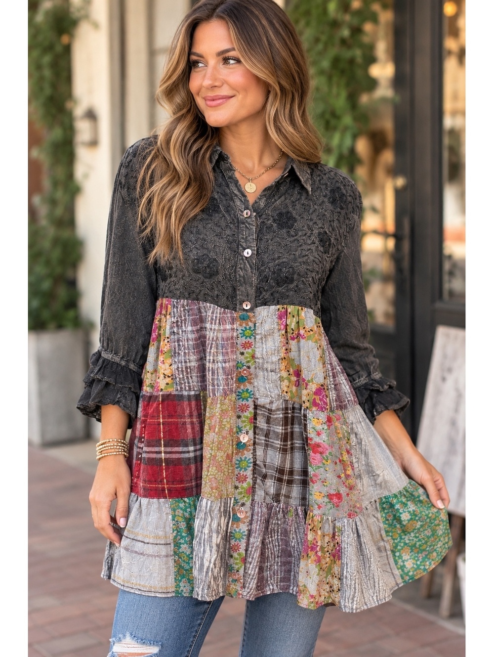YOUNG THREADS Charcoal Western Patchwork Embroidered Tiered Tunic Top NWT Large - Picture 2 of 5